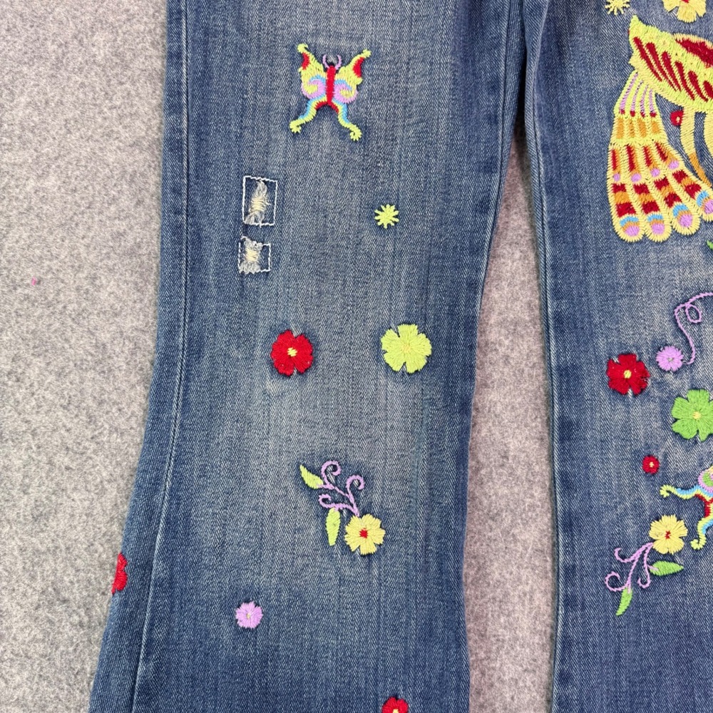 Sharagano Jeans Womens Blue Embroidered Floral Peacock Distressed Flare Y2K 28 - Picture 5 of 13